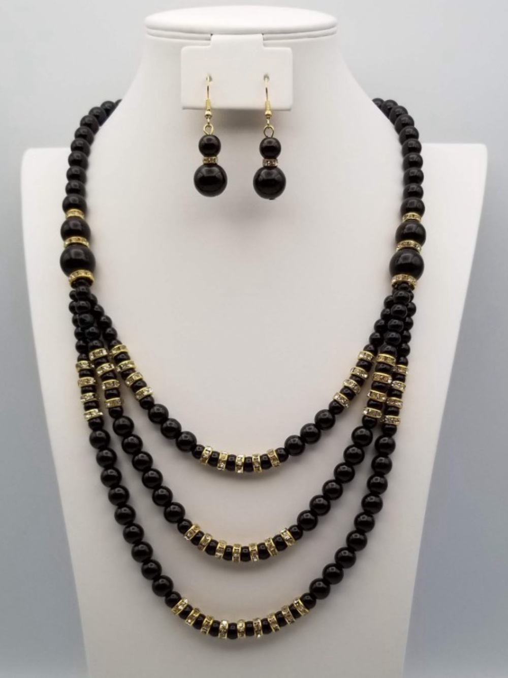 Elegant Black Bead Triple-Strand Necklace & Drop Earrings Set